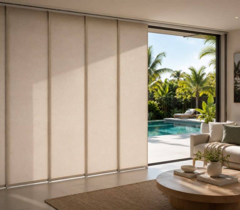 Modern tropical living room with panel glide blinds overlooking pool and garden area