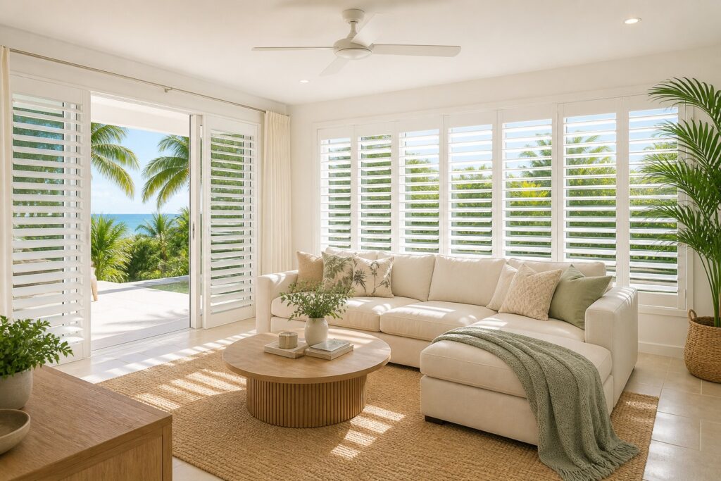 Plantation shutters in bright tropical living room Cairns