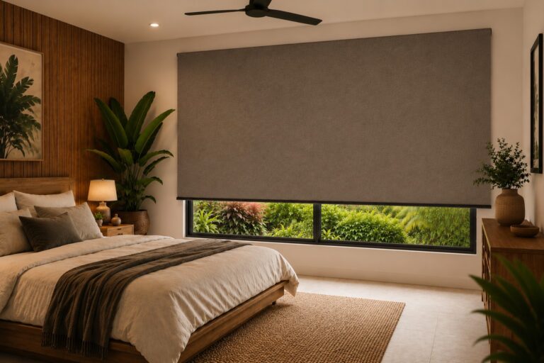 Blockout roller blinds installed in a tropical style bedroom in Cairns home
