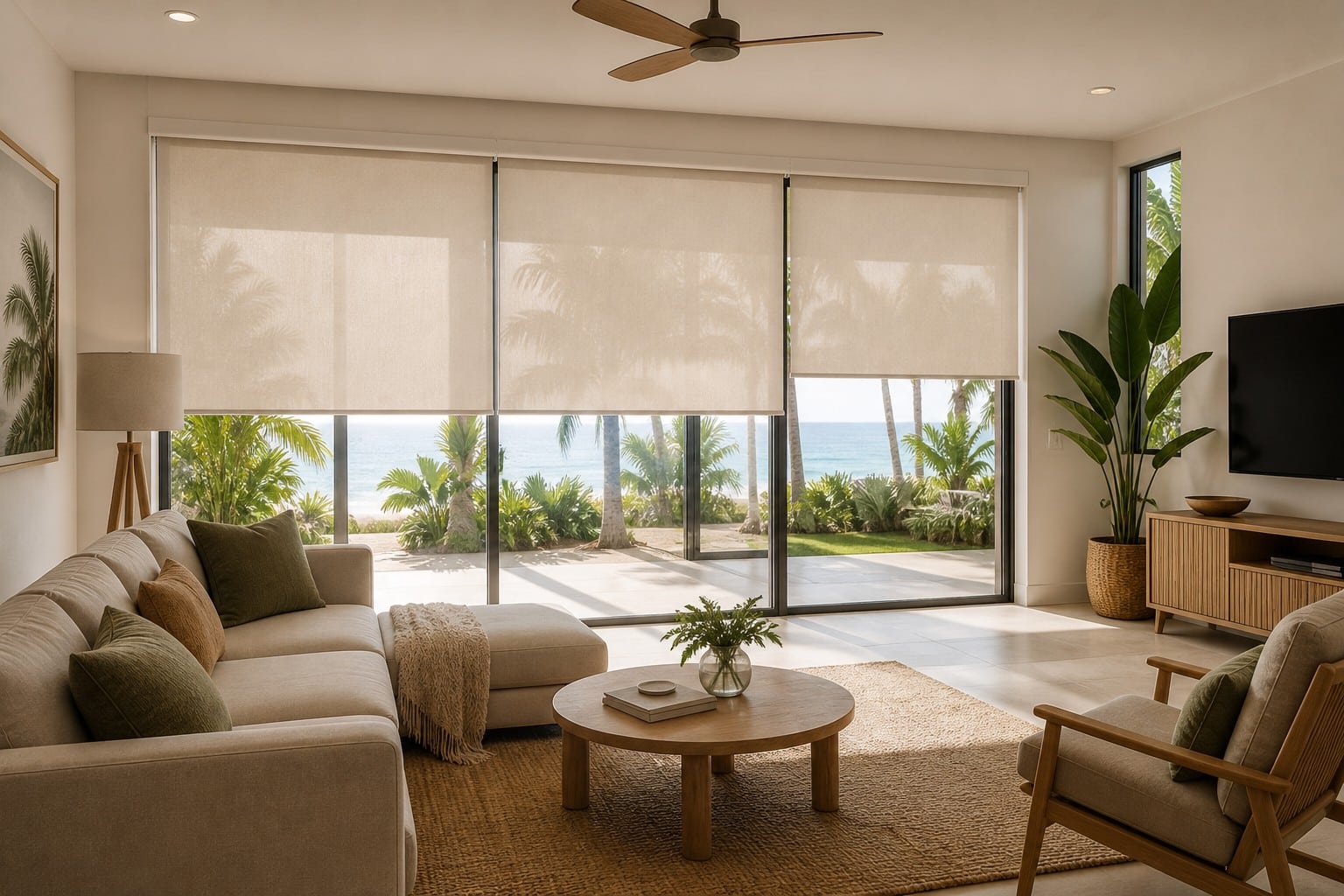 Roller blinds in tropical Cairns home filtering sunlight