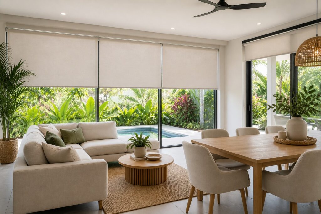 Roller blinds in a bright open-plan living and dining space in a Cairns home